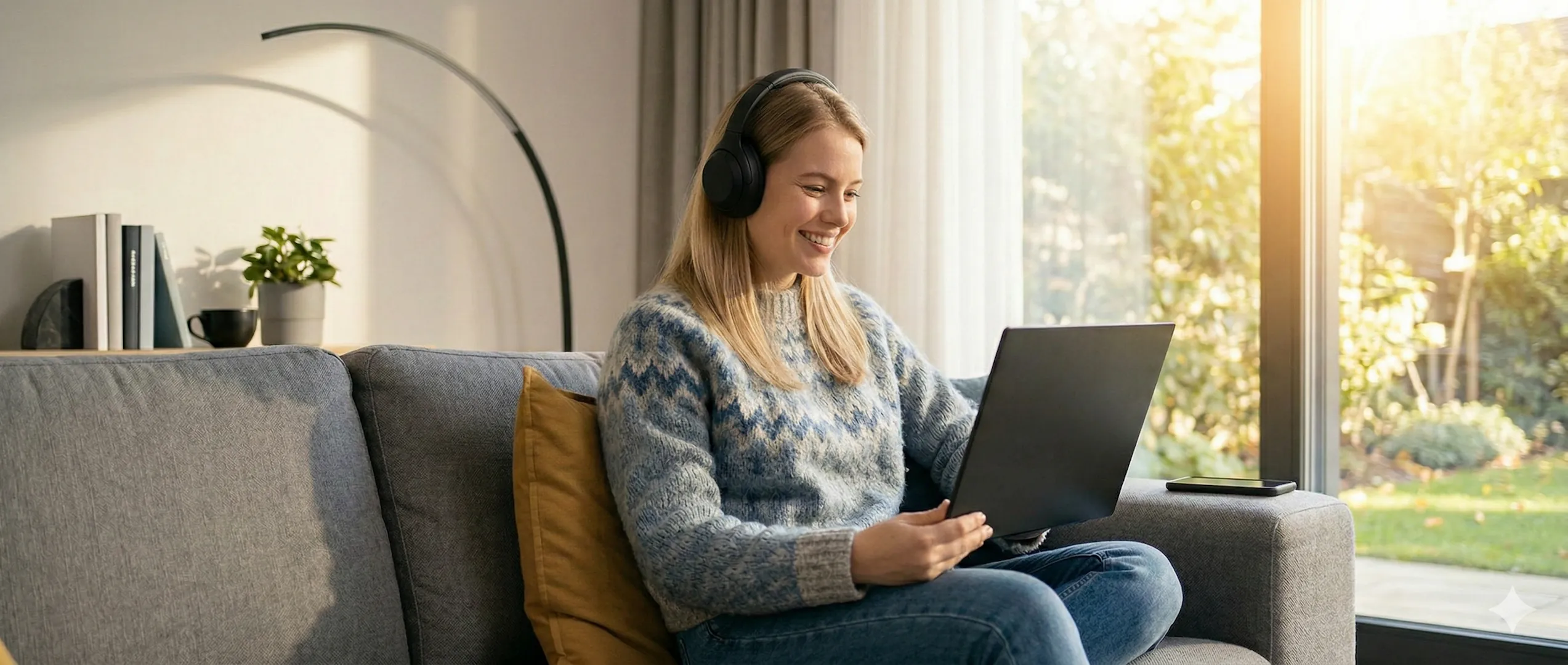 Kobieta w słuchawkach uczestniczy w konwersacjach online na laptopie.