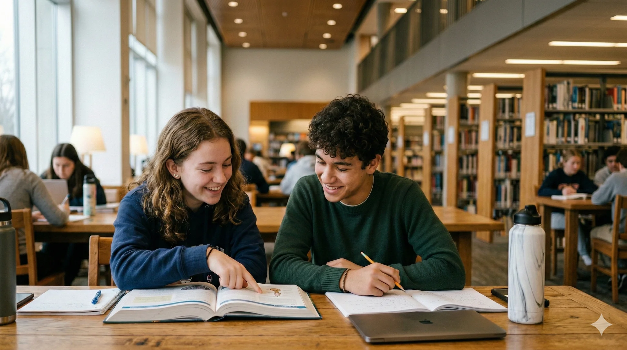 Dwoje uczniów uczy się wspólnie z uśmiechem przy biurku w czytelni.