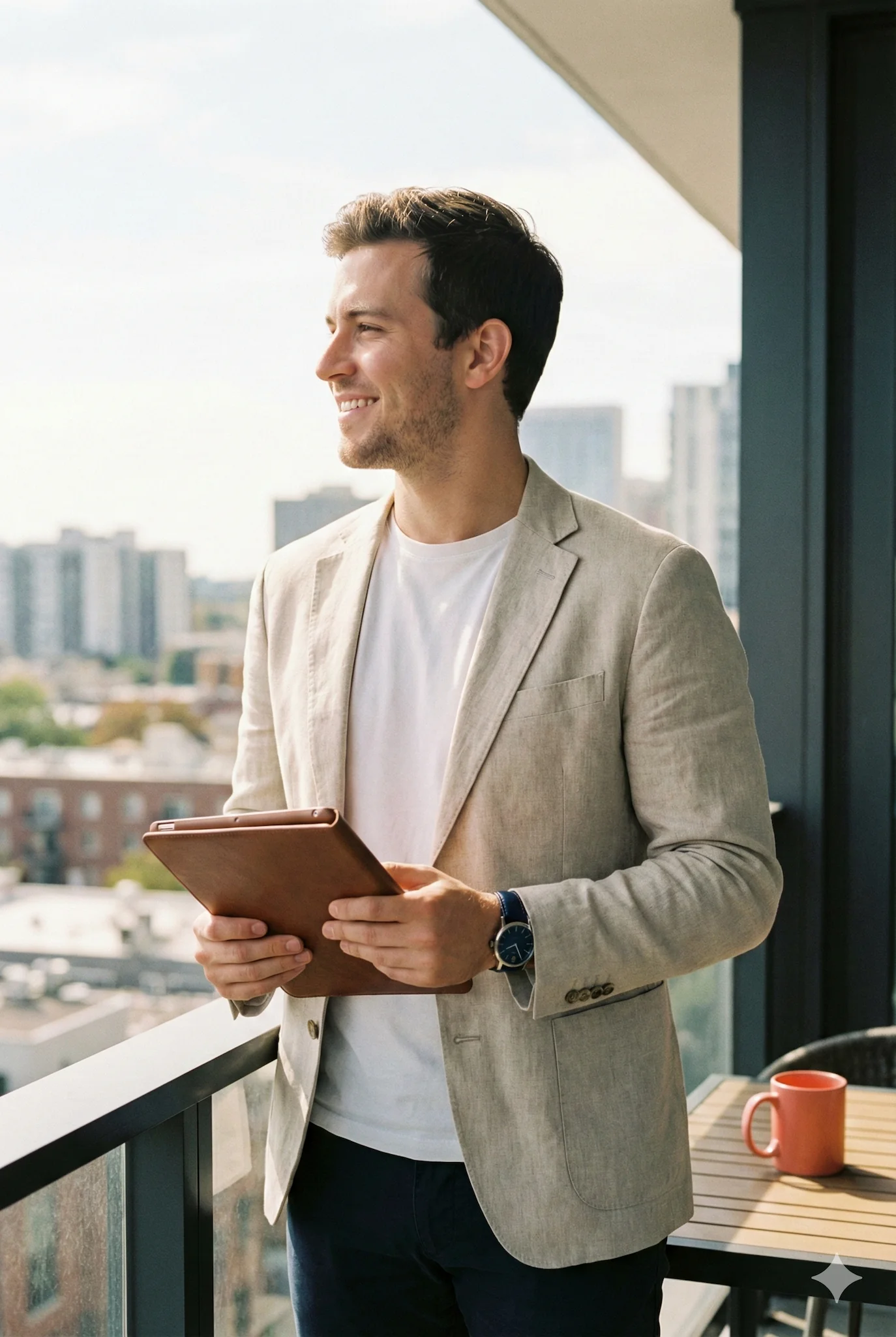Uśmiechnięty mężczyzna z tabletem w dłoni stoi przy oknie z widokiem na miasto.