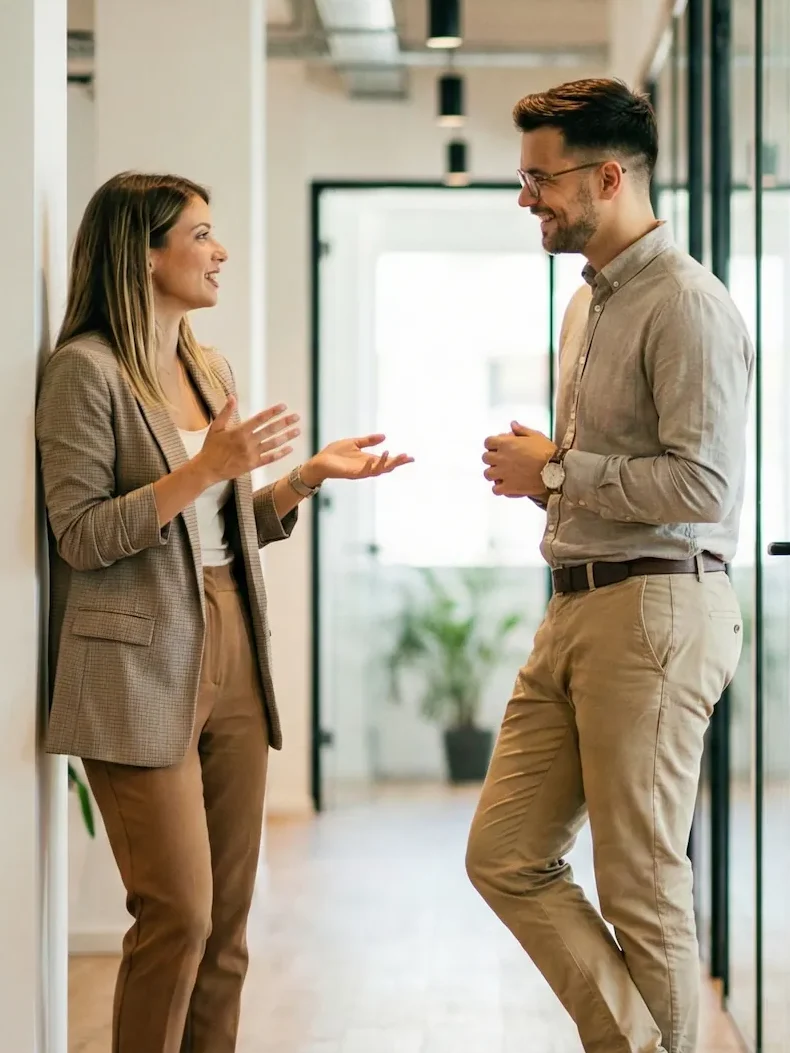 Kobieta i mężczyzna w strojach biznesowych rozmawiają ze sobą w nowoczesnym biurze.